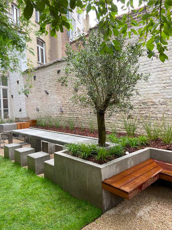 Jardin paysager moderne à Ixelles – Cita Verdi Création d’un jardin contemporain et verdoyant à Ixelles par Cita Verdi, mélange de graminées, arbustes et massifs fleuris.