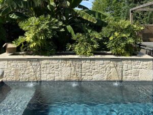 Piscine moderne avec mur en pierre et fontaines intégrées entourée de plantes tropicales
