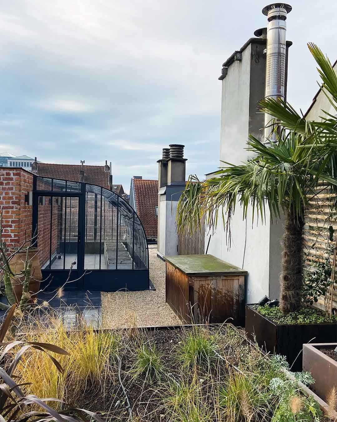 Aménagement de toit-terrasse avec verrière en acier et plantations exotiques