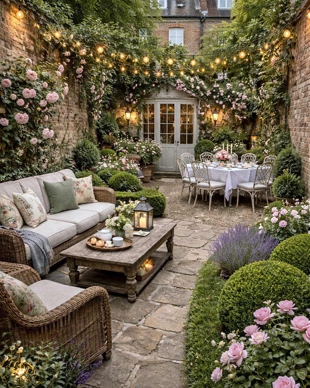 Aménagement de jardin cottage avec terrasse en pierre, mobilier de jardin, rosiers et guirlandes lumineuses