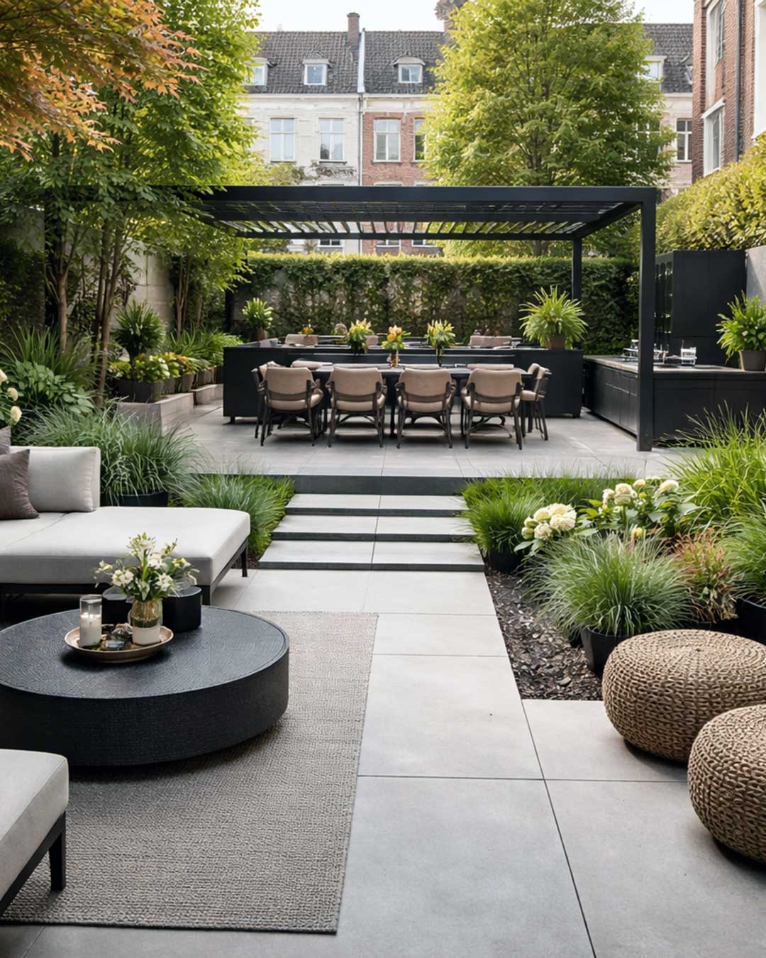 Aménagement de jardin moderne avec terrasse en dalles, pergola design, mobilier contemporain et plantations structurées