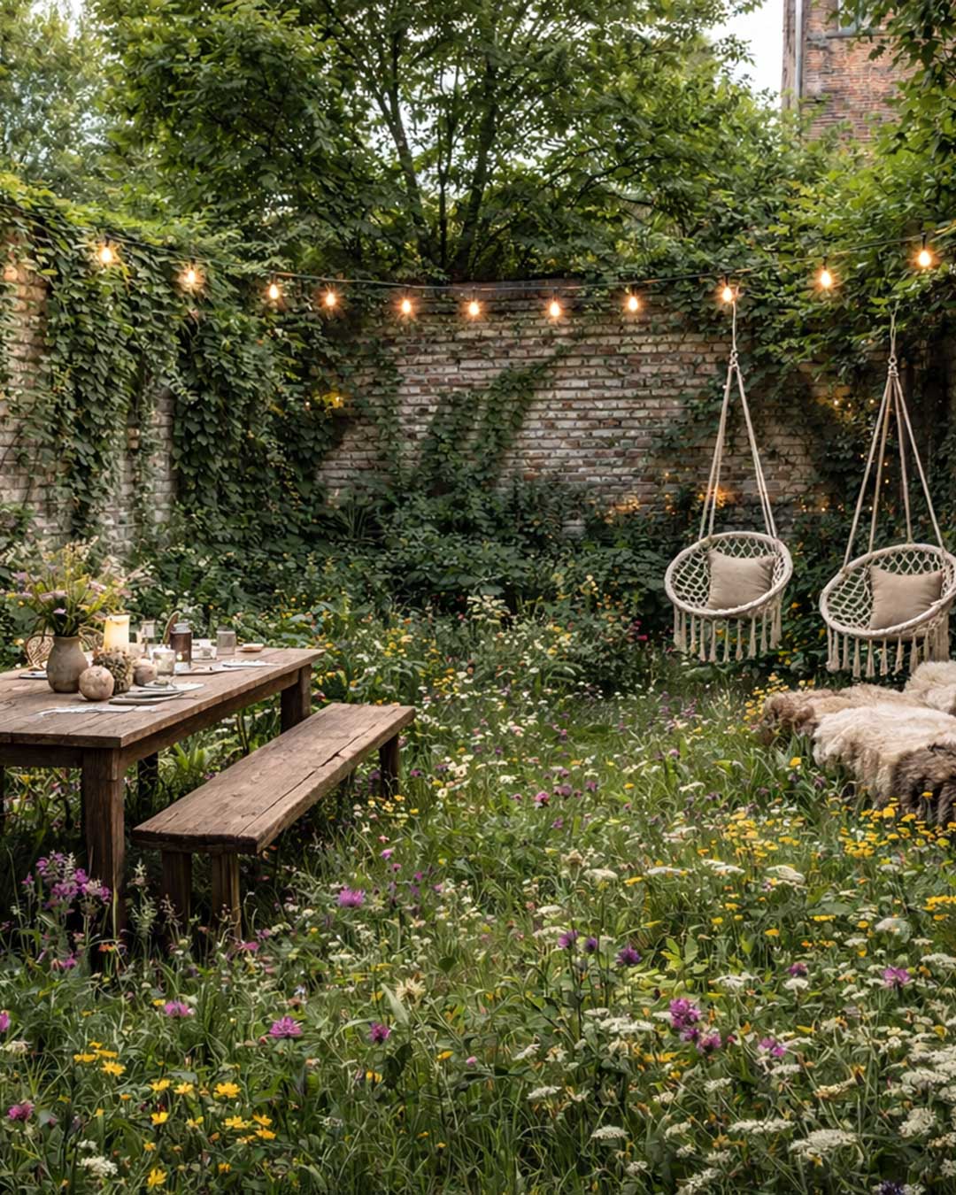 Aménagement de jardin naturel avec prairie fleurie, table en bois, guirlandes lumineuses et fauteuils suspendus