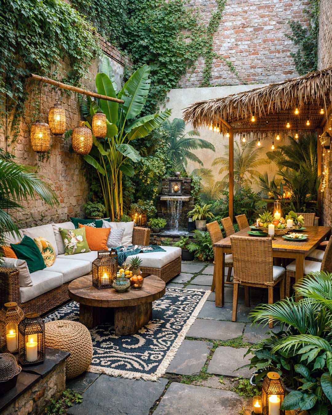 Aménagement de jardin exotique avec terrasse en pierre, mobilier en bois, plantes tropicales et éclairage chaleureux