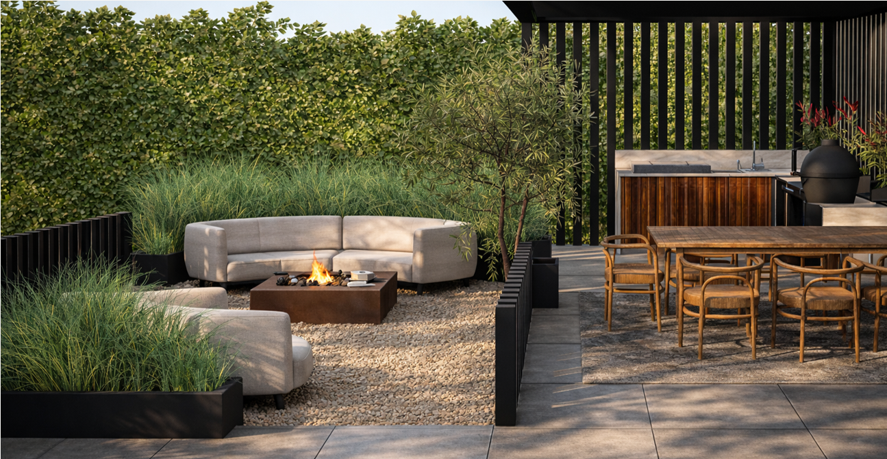 Aménagement paysager contemporain avec massif de graminées rouges, bac en acier corten et terrasse minérale devant une maison moderne