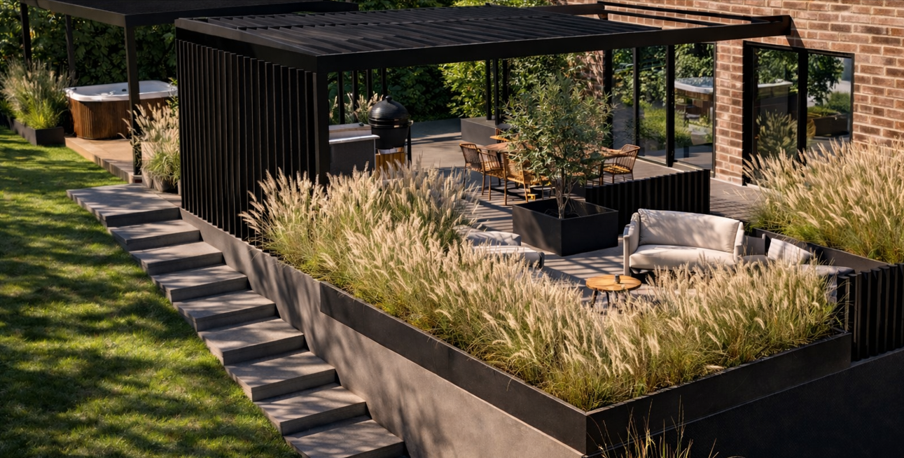 Jardin moderne avec allée en dalles de béton, massifs fleuris et terrasse ensoleillée au pied d’une maison rénovée.