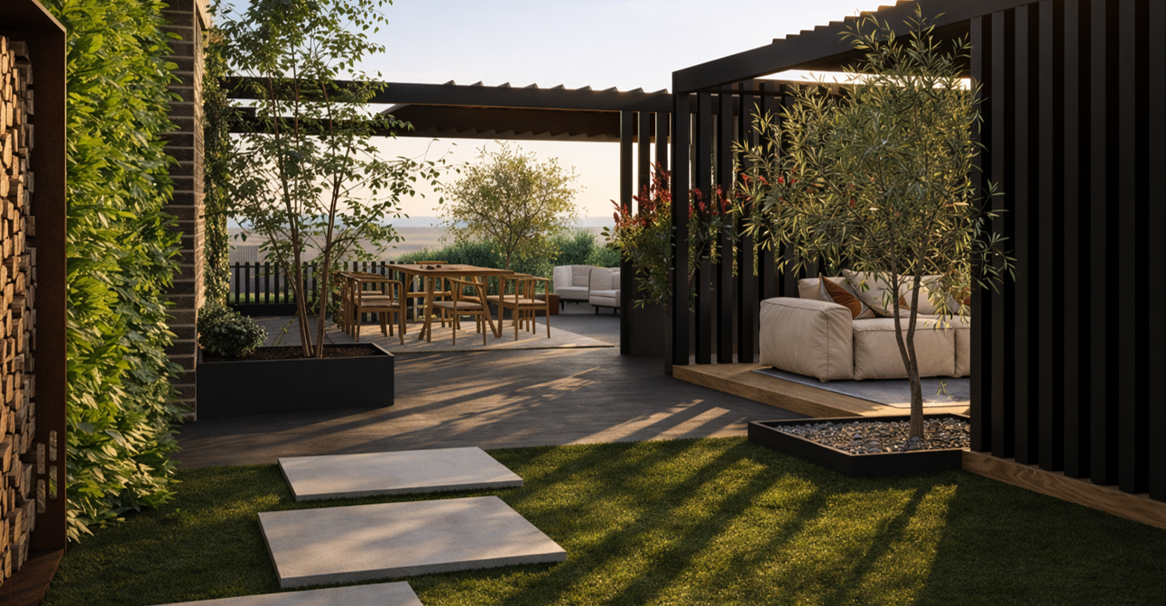 Aménagement d’un jardin urbain avec banc en bois intégré, table en béton et olivier central.