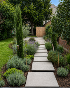 Jardin avec piscine, terrasse bois et cabane de jardin