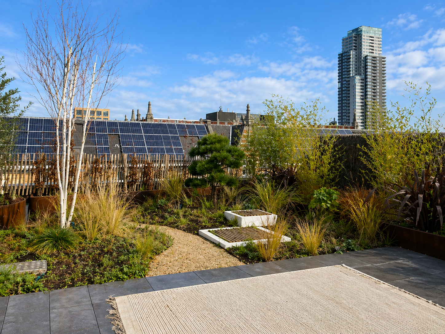 Aménagement d’un rooftop à Bruxelles par Cita Verdi, avec terrasses végétalisées, plantes ornementales et mobilier design