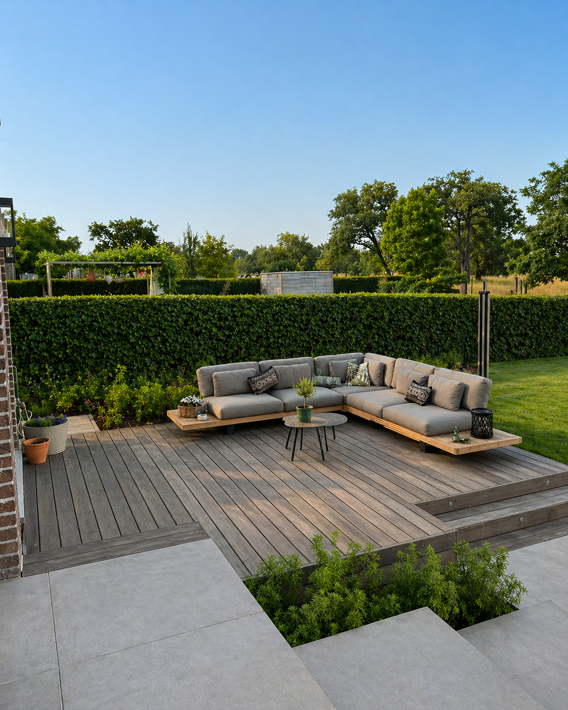 Terrasse paysagée avec salon d’extérieur et allée en bois
