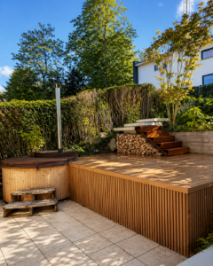Terrasse composite avec dutchtub, Terrasse en bois naturel avec bain nordique, escalier et espace de rangement