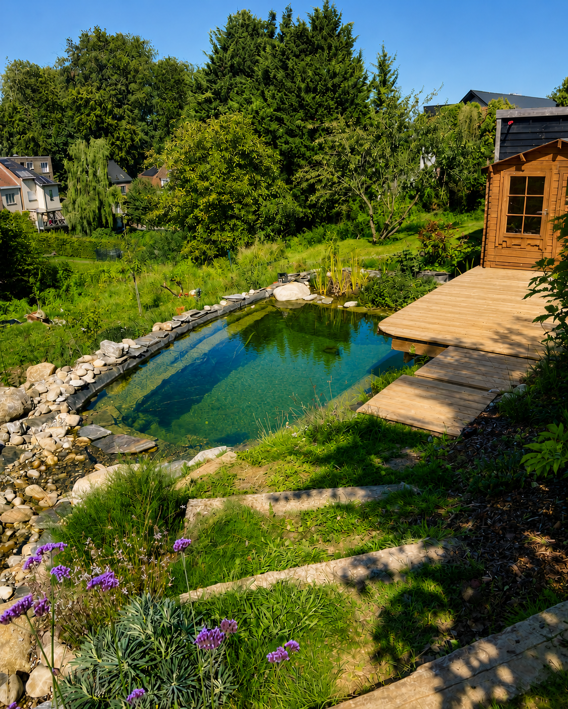 Bassin naturel dans un jardin paysager avec terrasse en bois et végétation abondante.