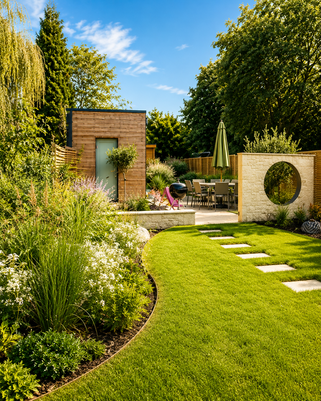Jardin paysager contemporain avec grande pelouse, massifs végétaux et terrasse aménagée.