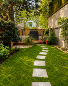 Jardin, terrasse bois, pas japonais
