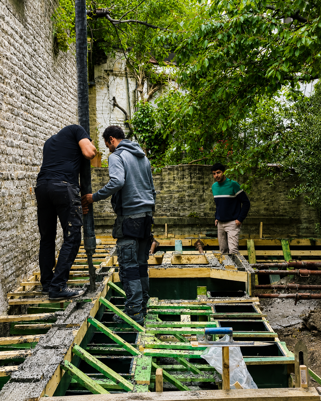 Travaux de chantier paysager avec ouvriers réalisant une structure extérieure dans un jardin urbain.