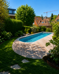 Jardin paysager avec terrasse en bois et piscine contemporaine entourée de végétation.
