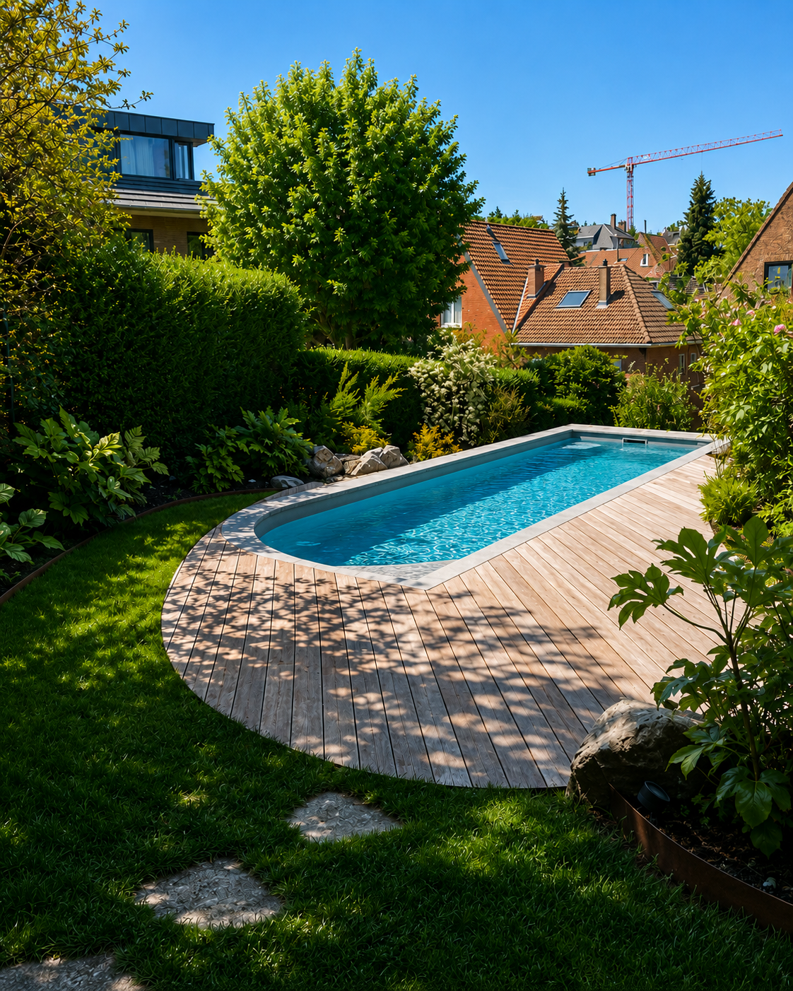 Jardin paysager avec terrasse en bois et piscine contemporaine entourée de végétation.