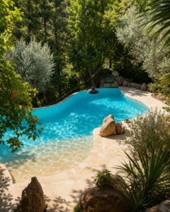Piscine paysagère entourée d’une végétation méditerranéenne dense et d’un jardin naturel.