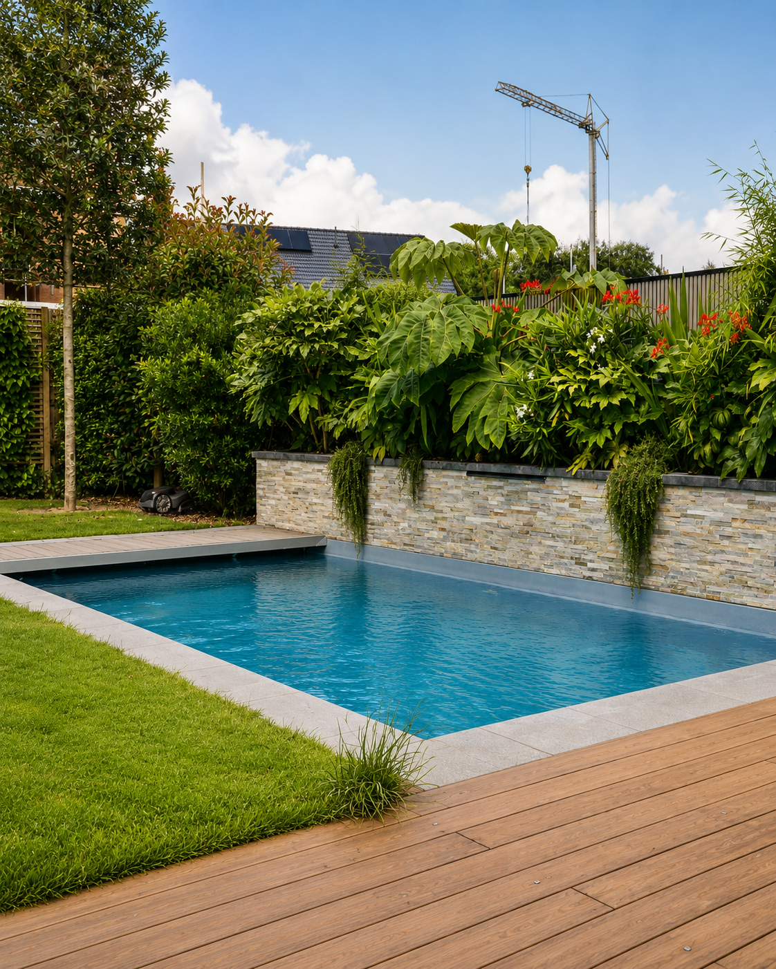 Piscine moderne entourée de plantes tropicales et terrasse en bois dans un jardin paysager.