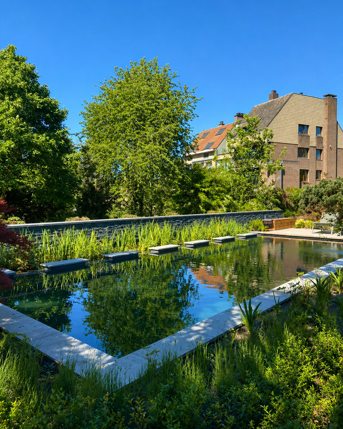 Piscine naturelle paysagère dans un grand jardin résidentiel avec végétation et terrasse contemporaine.