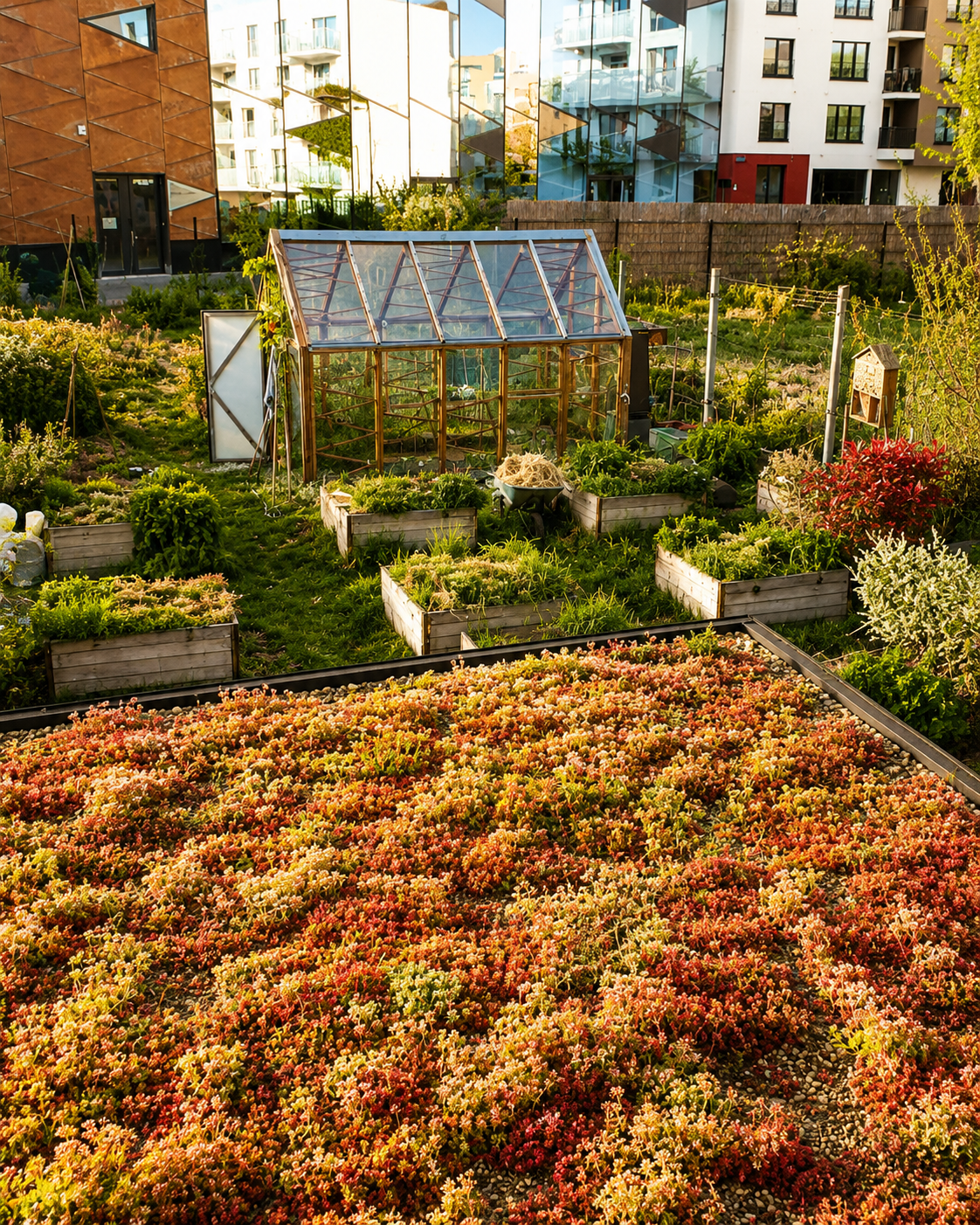 Potager urbain avec serre et toiture végétalisée au cœur d’un ensemble résidentiel moderne.