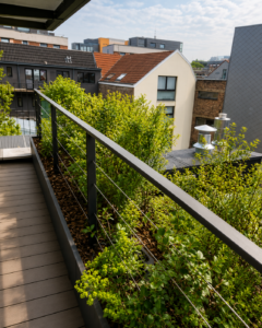 Toiture terrasse végétalisée avec plantations et garde-corps dans un environnement urbain contemporain.