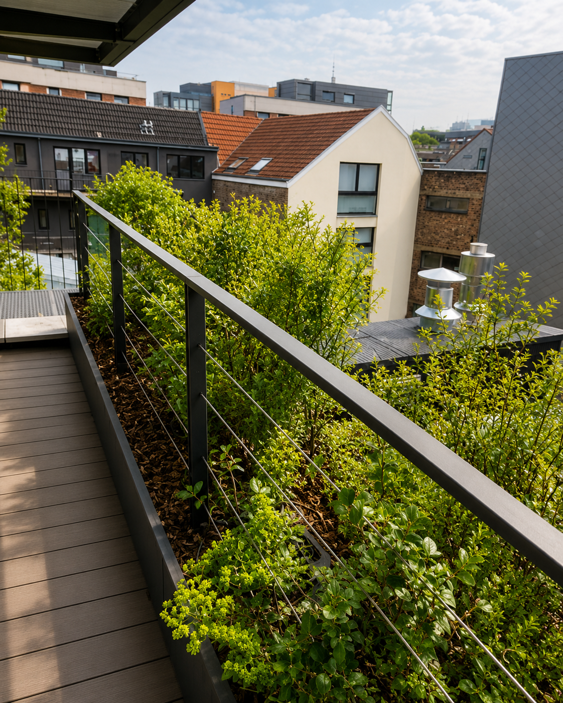 Toiture terrasse végétalisée avec plantations et garde-corps dans un environnement urbain contemporain.